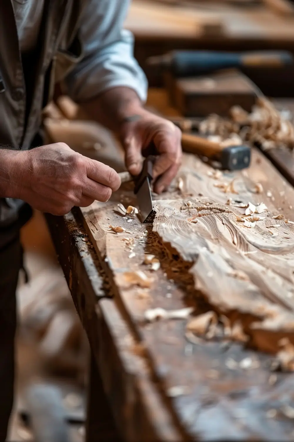 Ébéniste façonnant le bois à la main, procédé traditionnel.